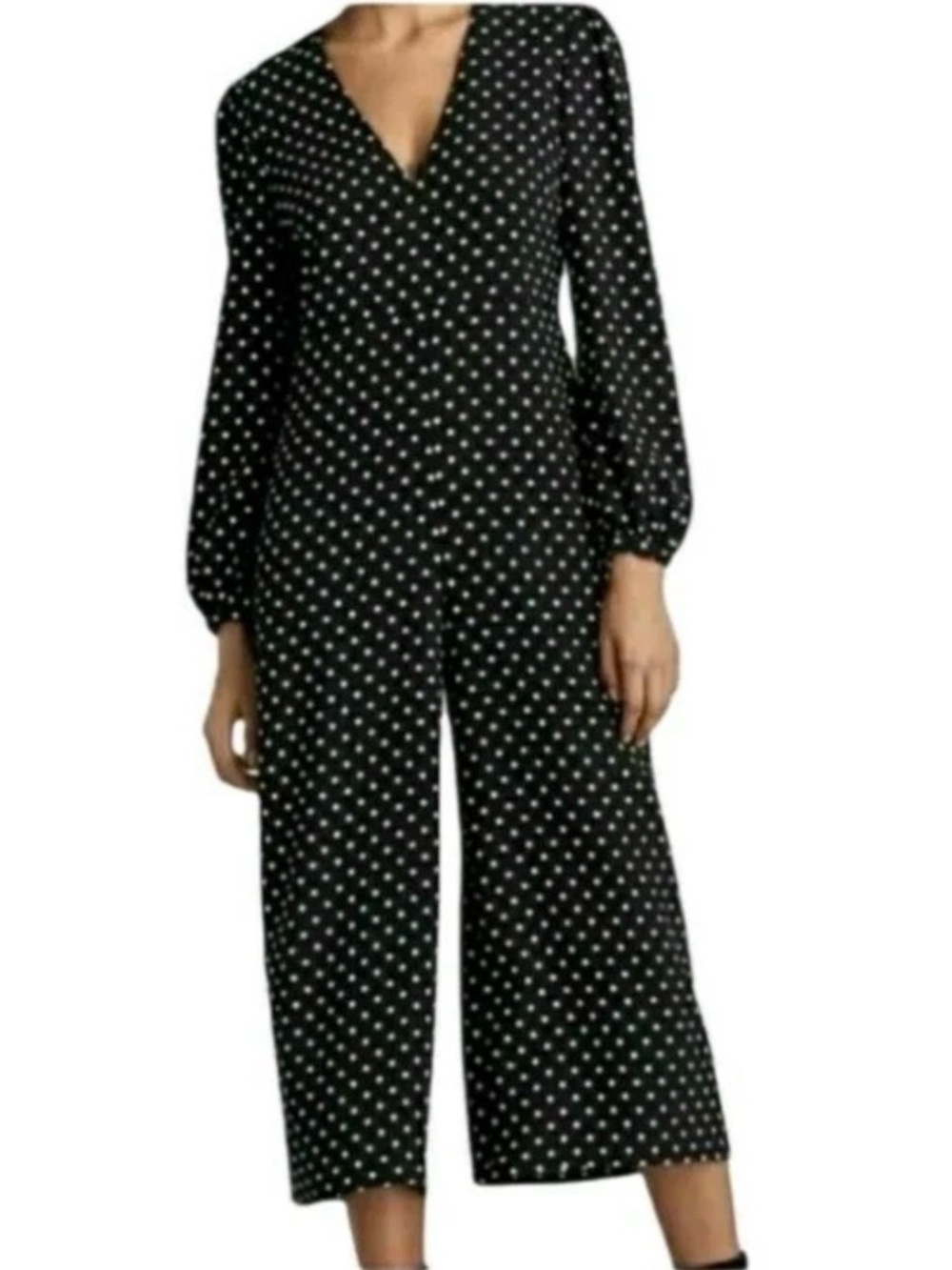 Zara Women Black White Polka Dot Wide Leg Cropped Jumpsuit Small